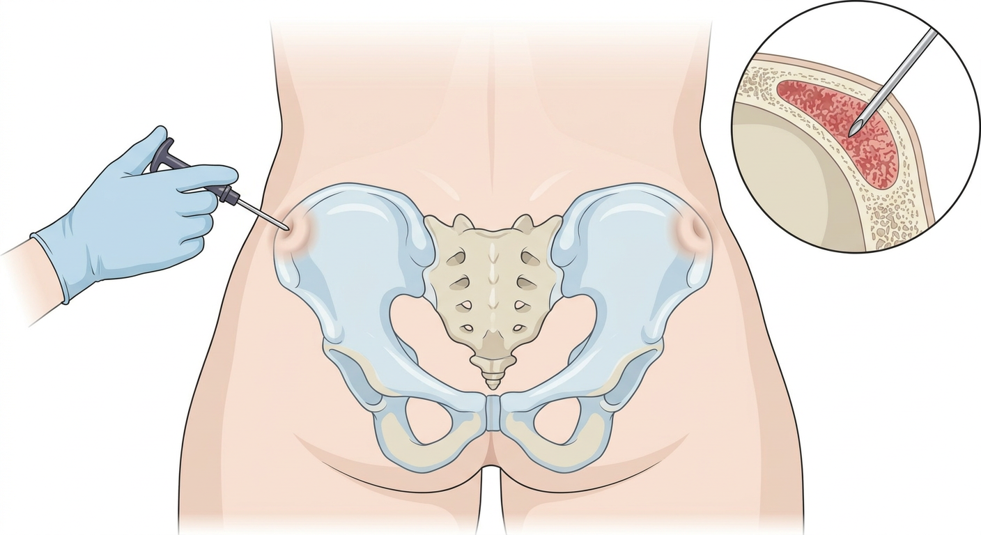 Bäckenet sett bakifrån genom huden, med benmärgsnålen placerad över spina iliaca posterior superior och en förstoring som visar nålspetsen i märghålan mellan benets båda kortikalisplattor