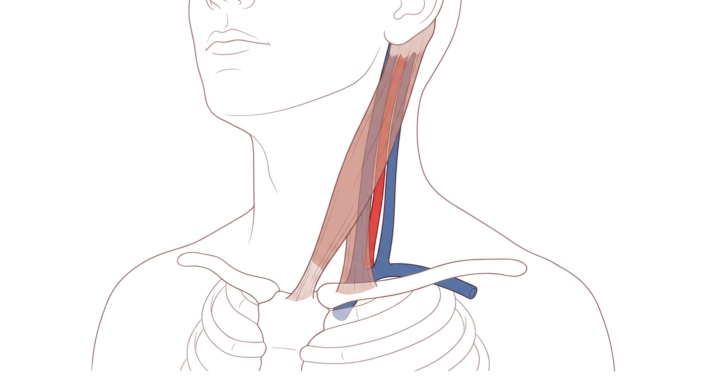 Halsens anatomi framifrån med sternocleidomastoideus två muskelhuvuden och kärlen i karotisskidan