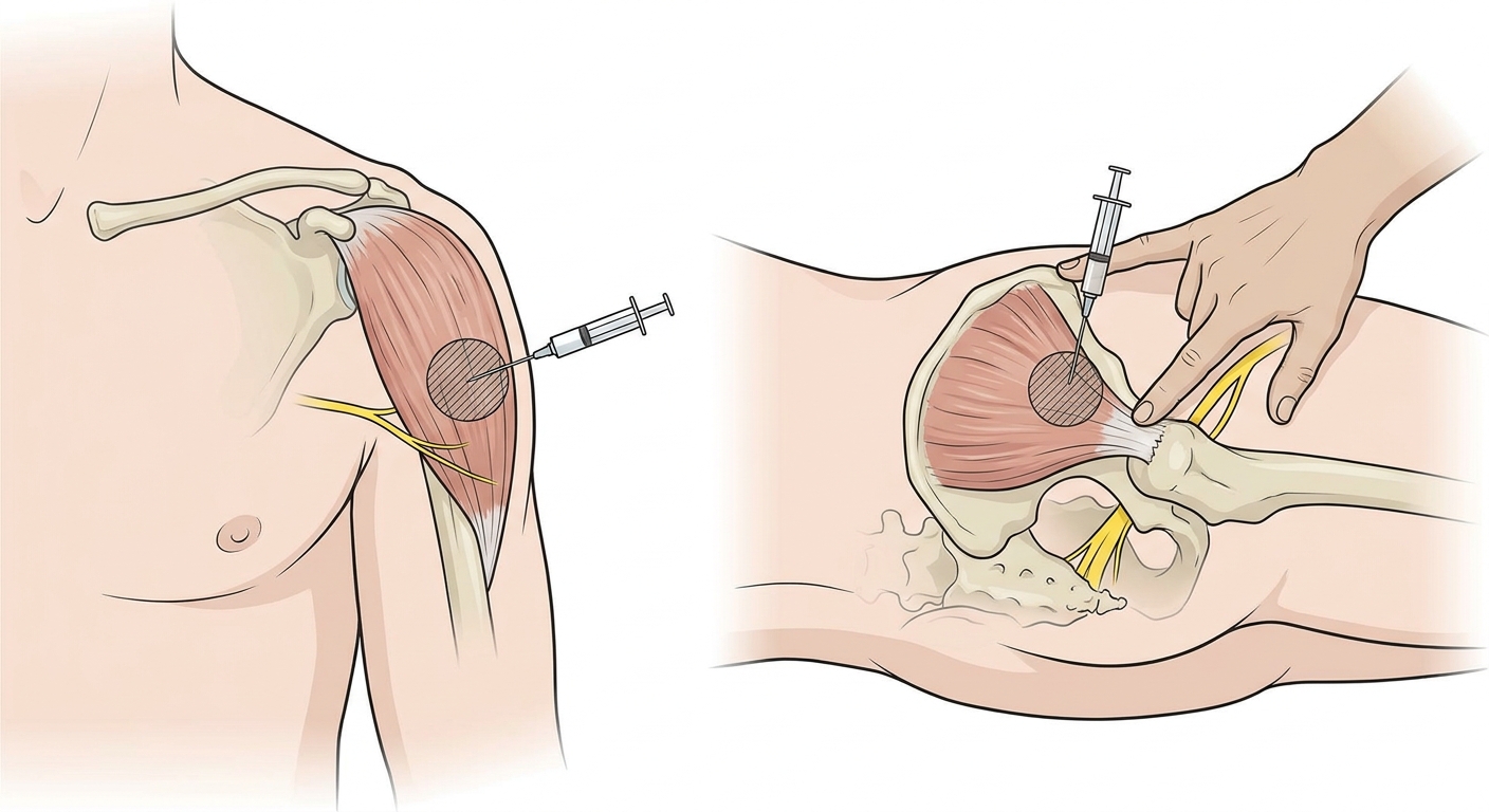 Två paneler: axel framifrån med deltoideusmuskeln och injektionsstället, samt höft i sidoläge där undersökarens hand bildar en triangel över gluteus medius