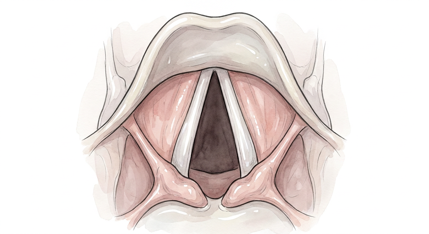Laryngoskopisk vy av larynxingången med epiglottis upptill, de vita stämbanden kring den triangulära glottisöppningen och arytenoidbrosken nedtill