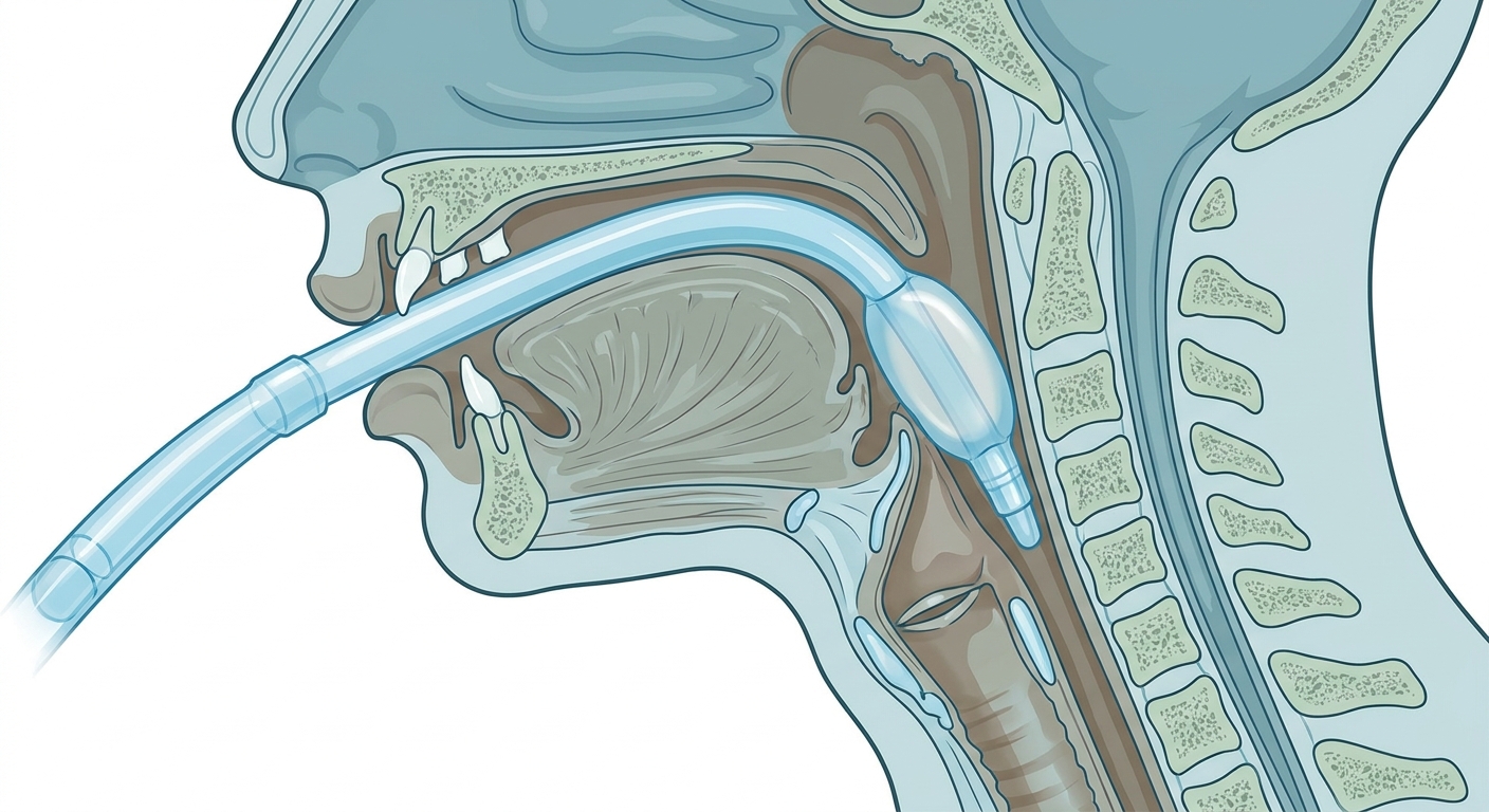 Sagittalsnitt genom huvud och hals med larynxmask på plats, där kuffen ligger i hypofarynx och maskens öppning är riktad mot larynxingången
