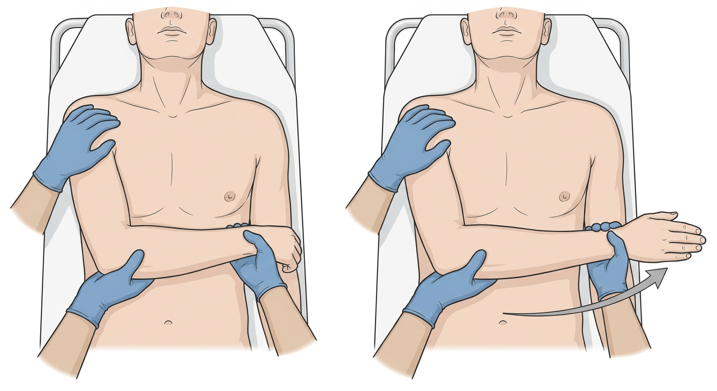 Patient som ligger på rygg med överarmen mot bålen och armbågen böjd, där undersökaren i två steg för underarmen utåt i sidled