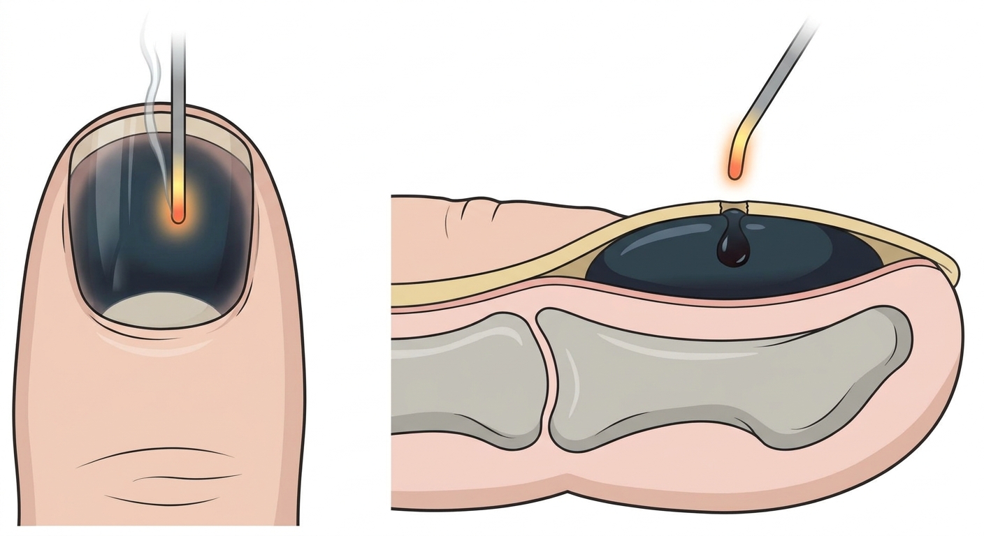 Fingertopp med mörkt subungualt hematom och en kauterspets över nagelns mitt, samt genomskärning som visar hålet genom nagelplattan och blodet som tömmer sig