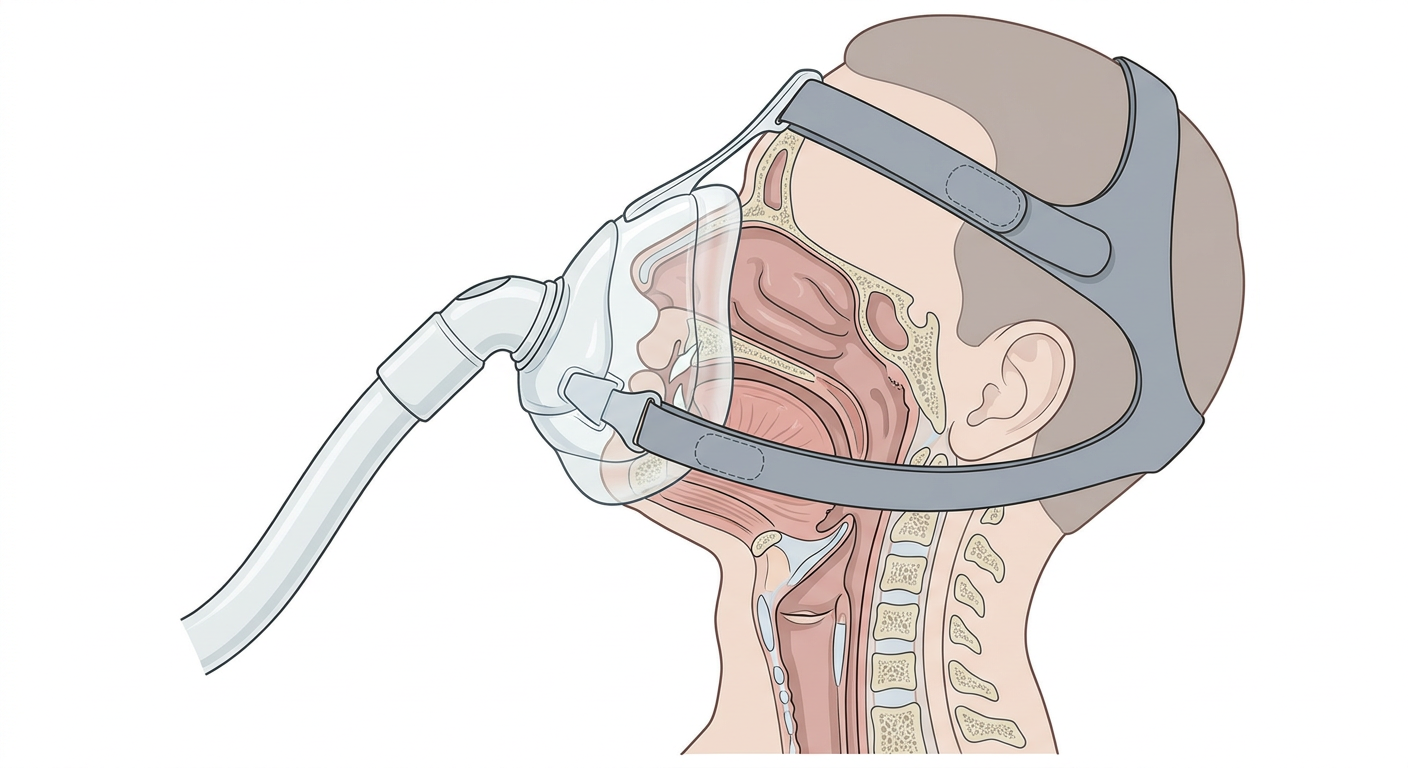 Sagittalsnitt genom huvud och hals med en tättslutande orofacial NIV-mask över näsa och mun, fasthållen av huvudband, och de övre luftvägarna synliga i genomskärning