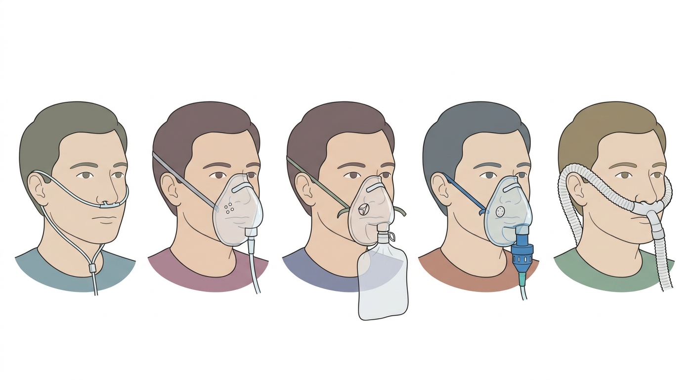 Fem porträtt i rad av samma patient med olika syrgassystem: näsgrimma, enkel ansiktsmask, mask med reservoarblåsa, venturimask med ventilbarrel och högflödesgrimma med grov slang