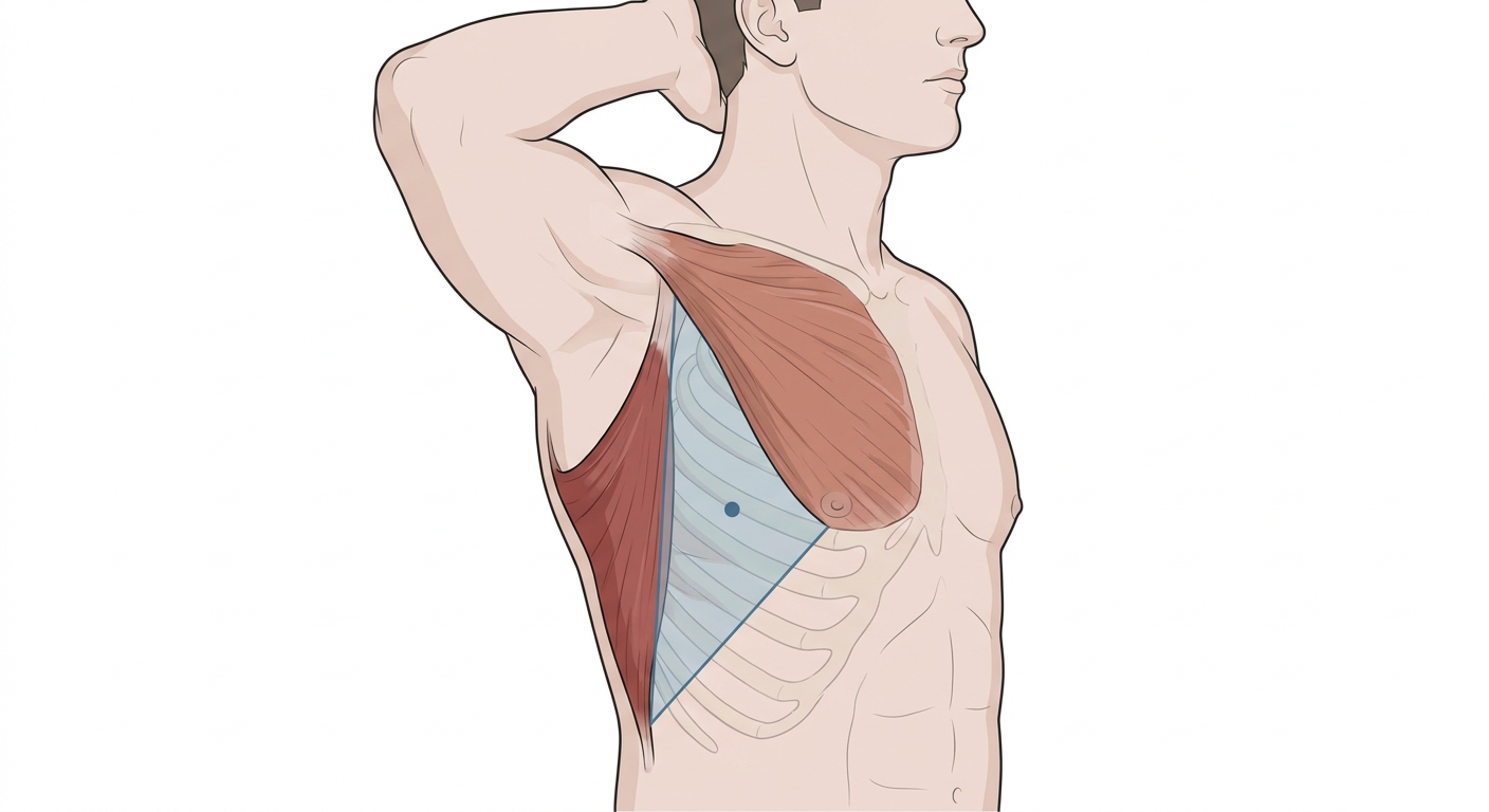 Lateralvy av en patients bröstkorg med armen bakom huvudet, där ett triangulärt område på laterala bröstkorgsväggen är markerat mellan bröstmuskeln framtill och latissimusmuskeln baktill
