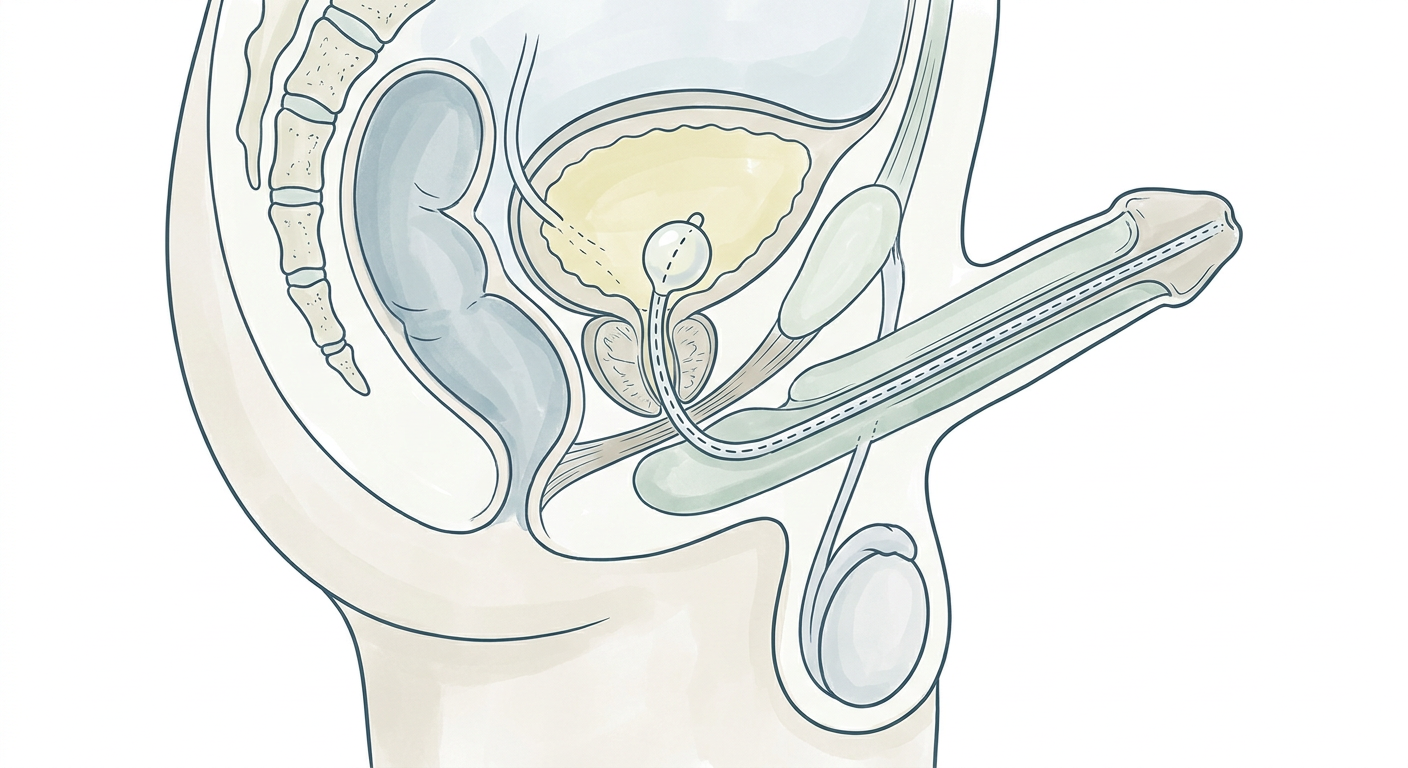 Sagittalsnitt genom manligt bäcken med kateterns väg genom penisuretra, bulbära uretra och prostata in i urinblåsan