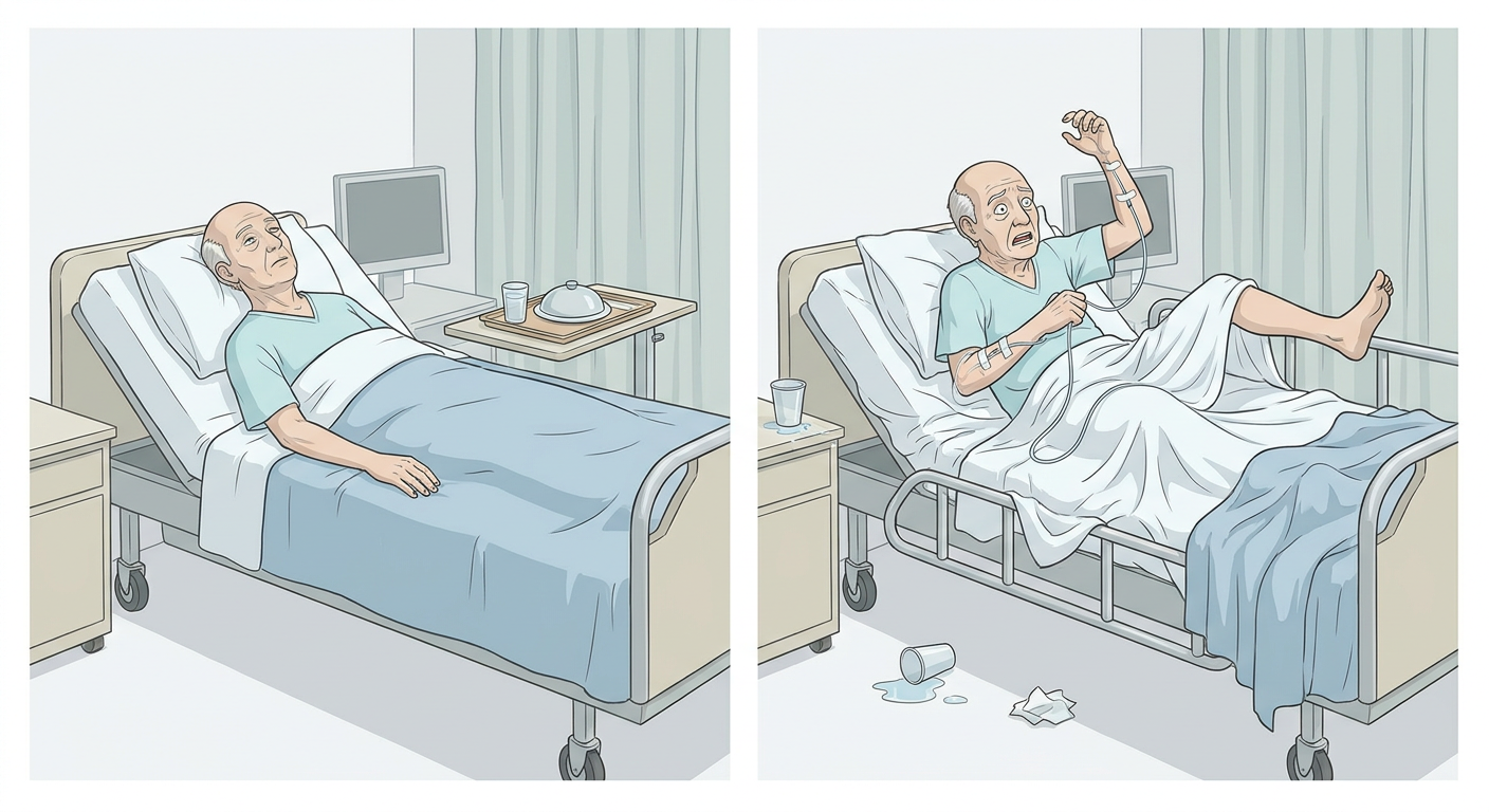 Två bilder av samma äldre patient i en sjukhussäng: till vänster ligger patienten stilla och apatisk med tom blick och orörd matbricka, till höger sitter samma patient uppsträckt och orolig, drar i sitt dropp och har benet över sängkanten