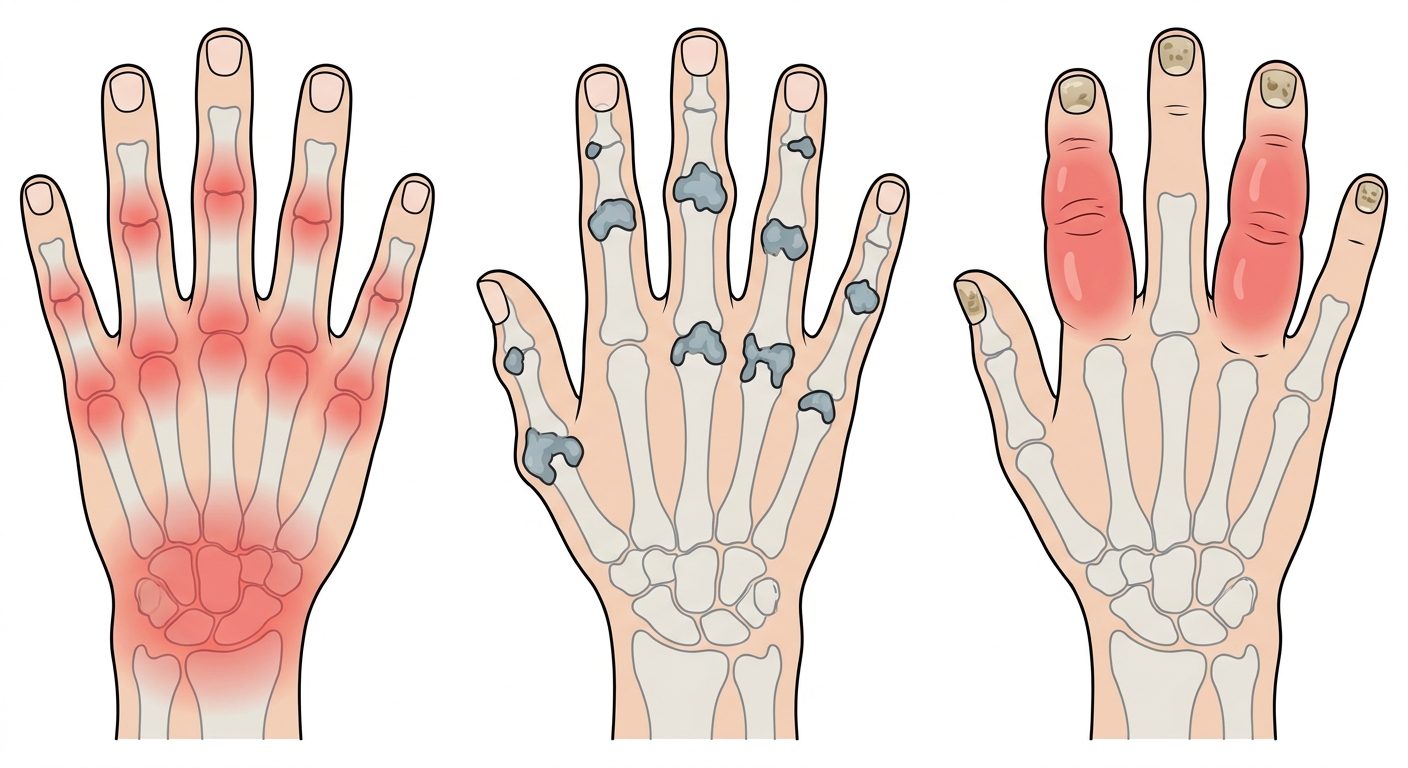 Tre händer sedda ovanifrån med skelettet synligt: den vänstra med symmetrisk inflammation i handled, knogleder och mellanleder men friska ytterleder, den mittersta med benhårda knölar på ytterleder, mellanleder och tumbas, den högra med två helt uppsvullna korvfingrar och nagelförändringar
